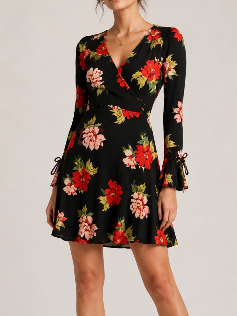 Topshop Black Floral Boho Wrap Mini Dress Bell Sleeves Size 6